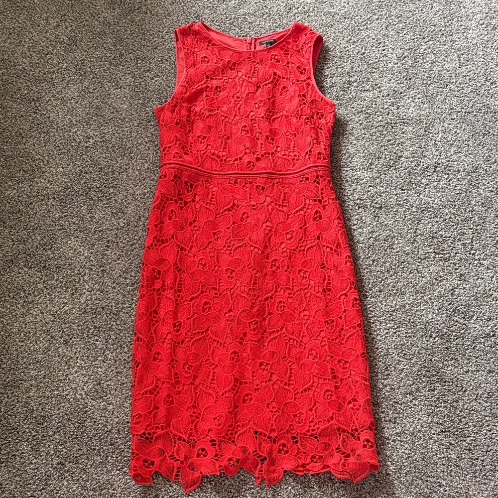 Sleeveless Red-Orange Lace Sheath Dress